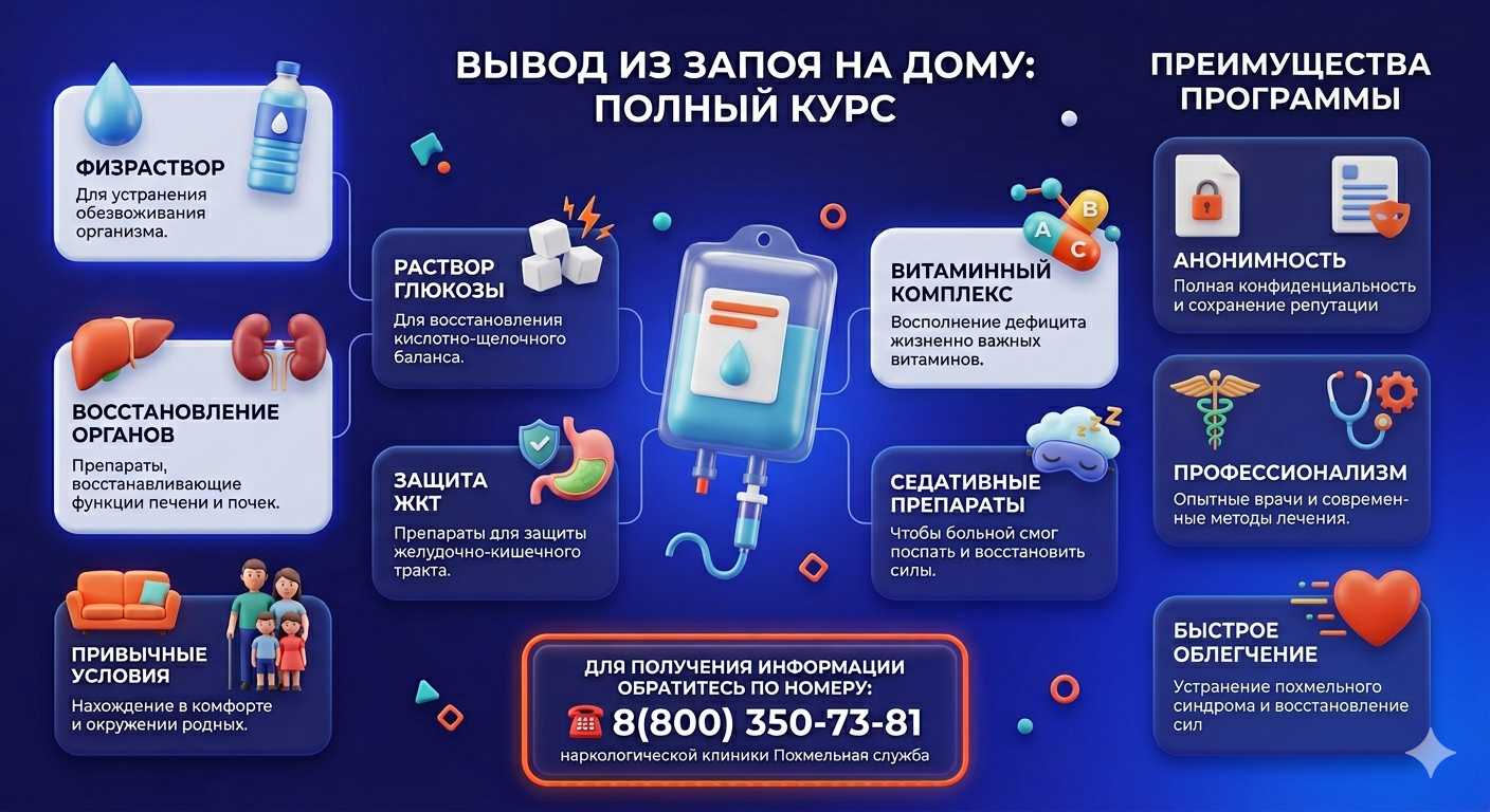 Инфографика о составе капельницы от запоя на дому и преимуществах анонимного лечения в клинике Запой Хелп.